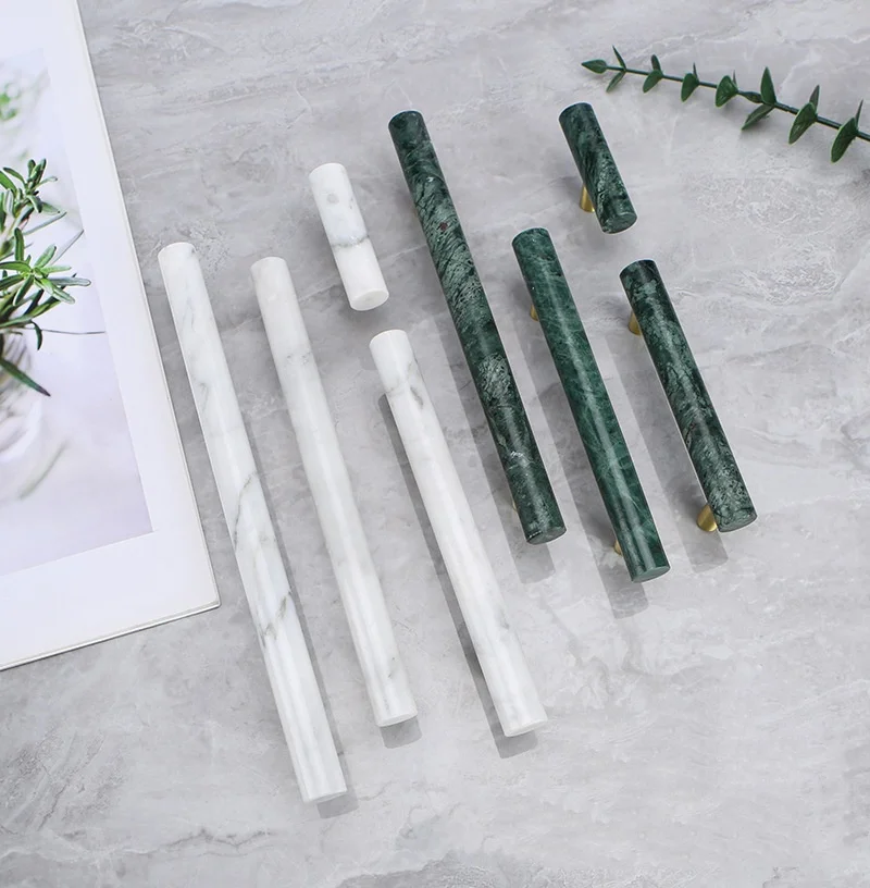 Long Cylindrical Marble Furniture Handle Drawer Knob Natural Marble Brass Handles For Kitchen Wine Cabinet Door Cupboard Pulls