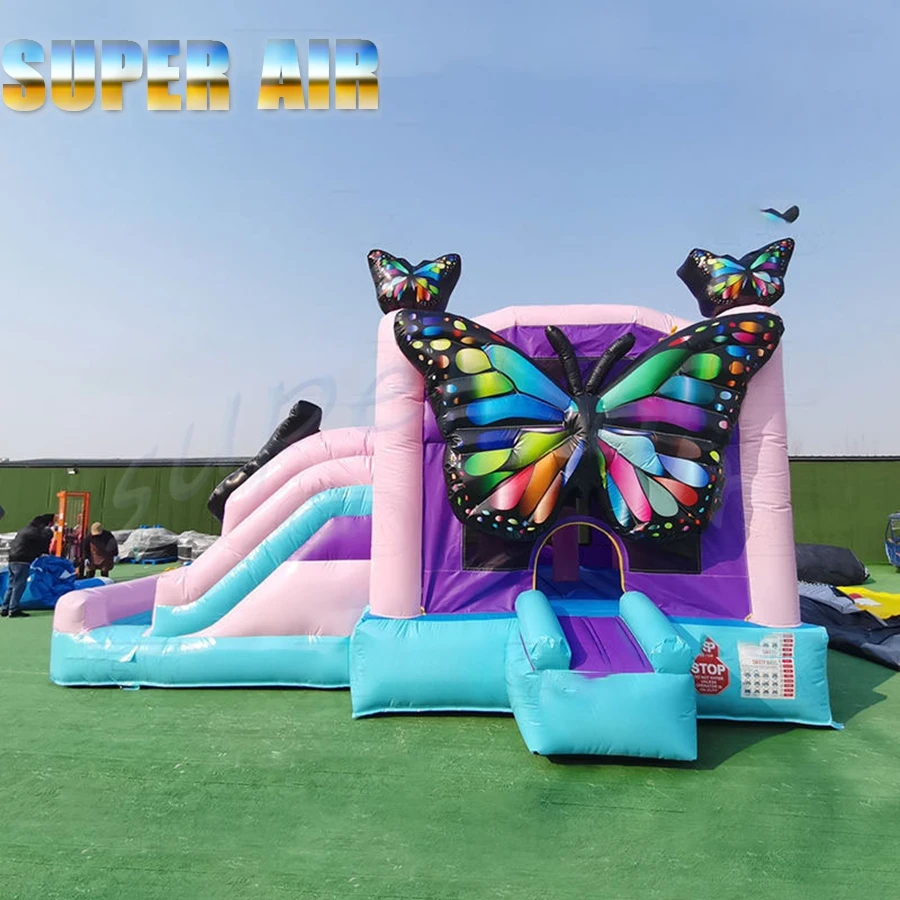 Pink  And Purple Princess Bounce House with Slide, PVC Inflatable Castle for Kids Party, with Blower