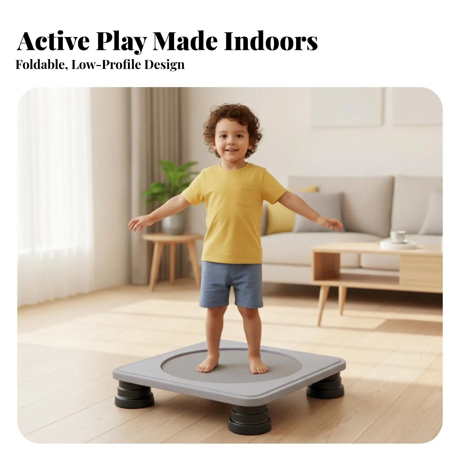 家庭用ポータブルキッズトランポリン、折りたたみ式スクエア型バウンスマット、子供の協調性を養うソフトエッジフレーム付き