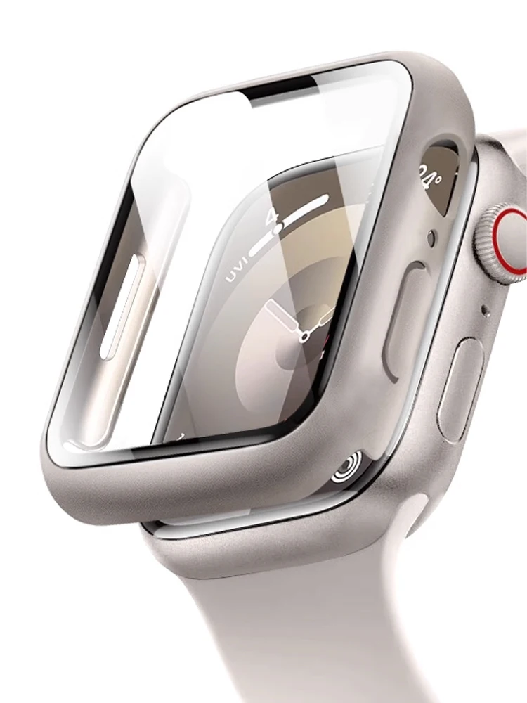 Displayschutzfolie für Apple Watch-Gehäuse 45 mm, 44 mm, 42 mm, 38, 40 mm, 41 mm, PC-Stoßstangenabdeckung, gehärtetes Glas, iWatch-Serie 9, 8, 3, 7, 6, 5, 4 SE
