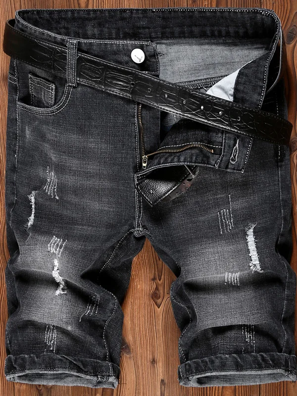 

Мужские джинсы больших размеров из денима с эффектом потертости, высокая эластичность, приталенный крой, прямые штанины, универсальные, длиной до колена, летние