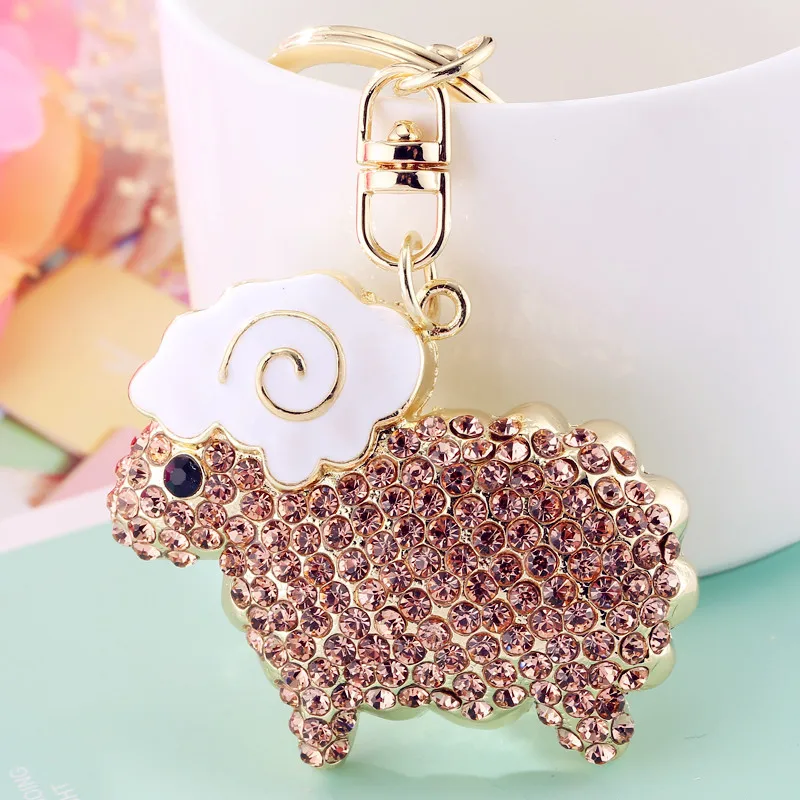 Cute White Rhinestones Sheep Keychain Keyring High End Metal Zinc Alloy Women Children Bag Key Charm Accessories Pendant Gift