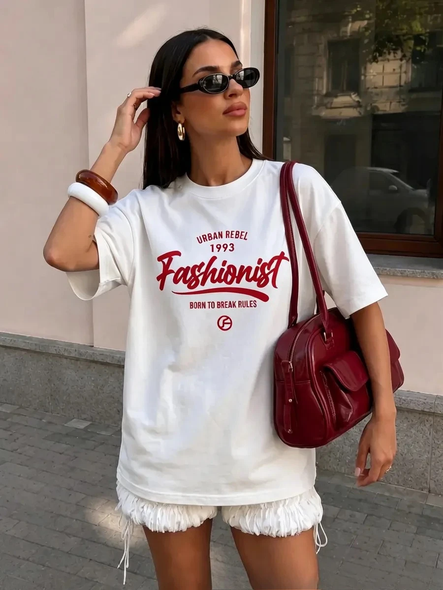 American Lazy Style Cotton Women's Chic Red Letter Print T-shirt  Basic Casual Short Sleeve Female Loose Fit Soft Daily Top
