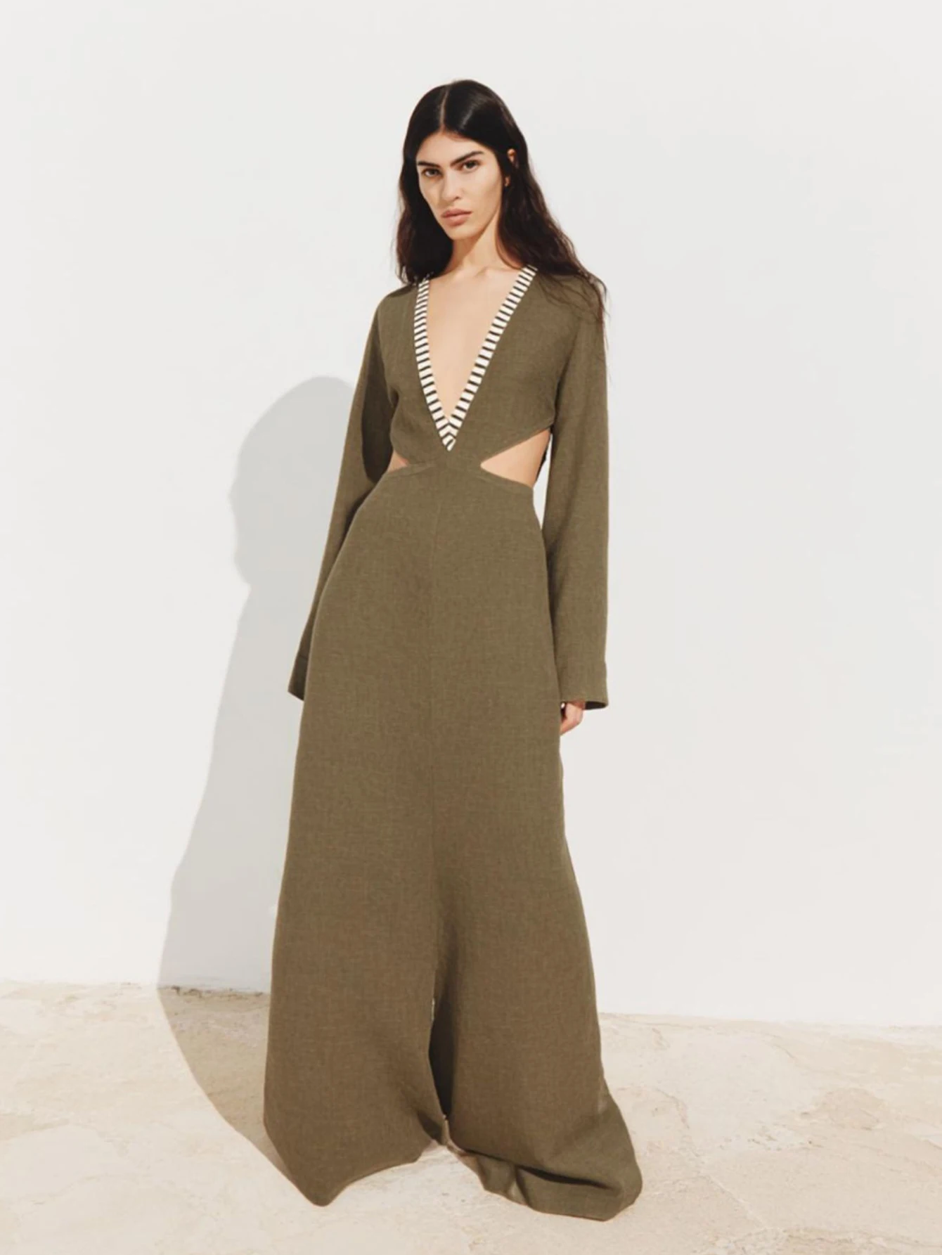 Robe Maxi à manches longues pour femmes, trou découpé, col plongeant, ligne a, décontractée, mode automne