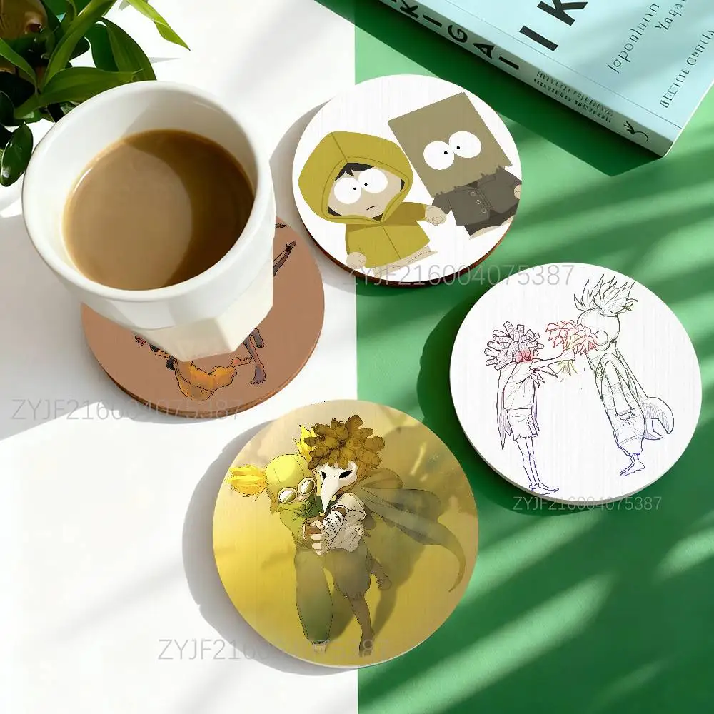 

L-Little Nightmares Game Low Alone Pattern Art Coasters Round Wooden Heat Resistant Non-Slip Home Decor Gift Multifunctional