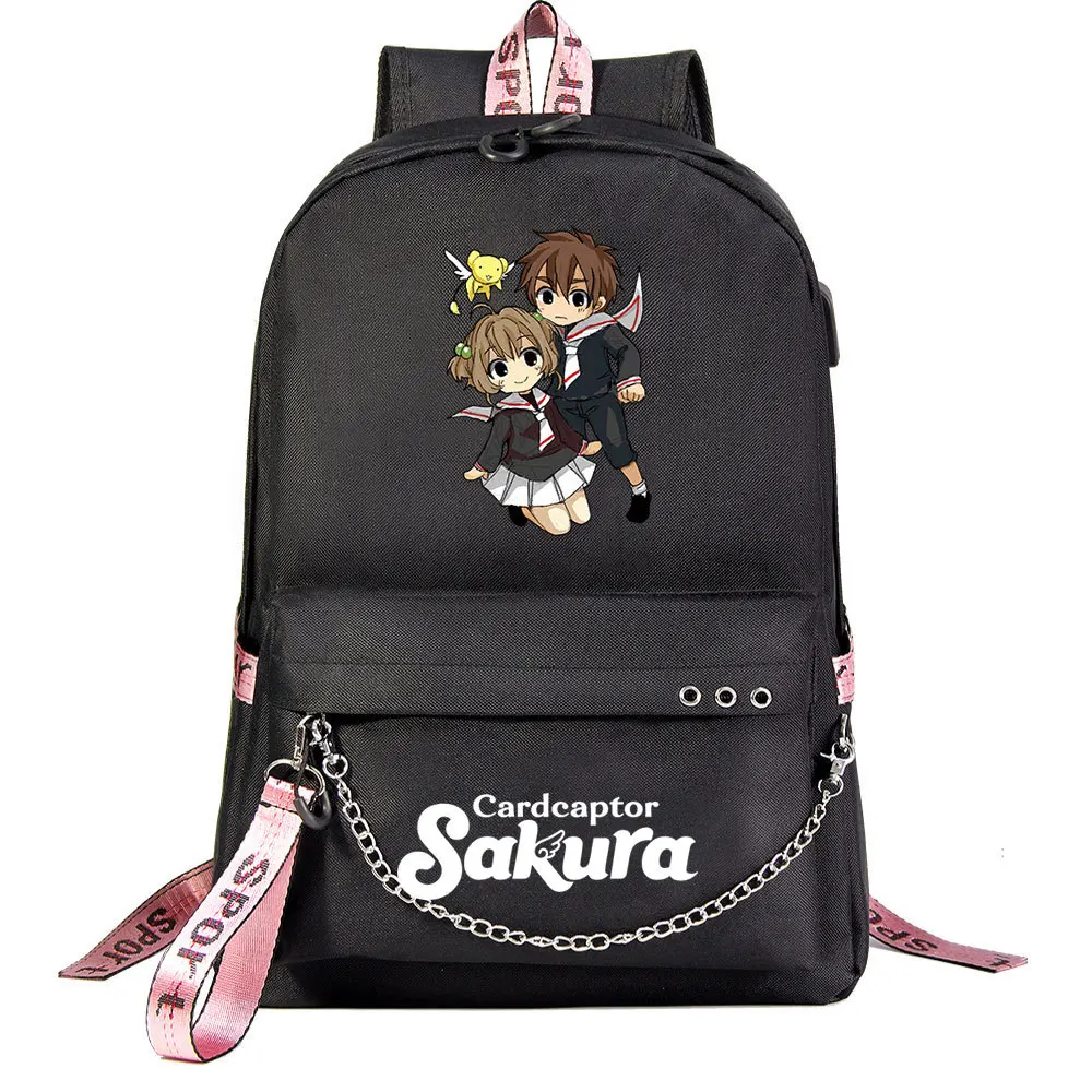 Anime sakura menina cartão captor usb mochila escola livro sacos fãs sacos de viagem portátil corrente fone de ouvido