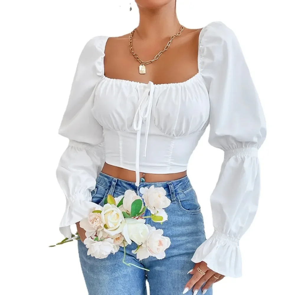 

2024 Autumn Sexy Lantern Sleeve Women White Shirt Blouse French Style Folds Chiffon Crop Tops Backless Slim Female Clothing