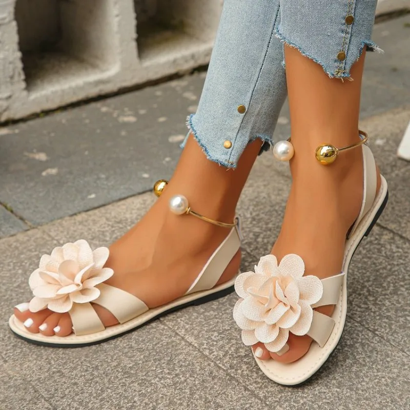 Women Sandals Summer Flat Pearl Retro Flower Sandals Open Toe Casual Sandals Daily Beach Bohemian Comfortable Non Slip Shoes - view 2