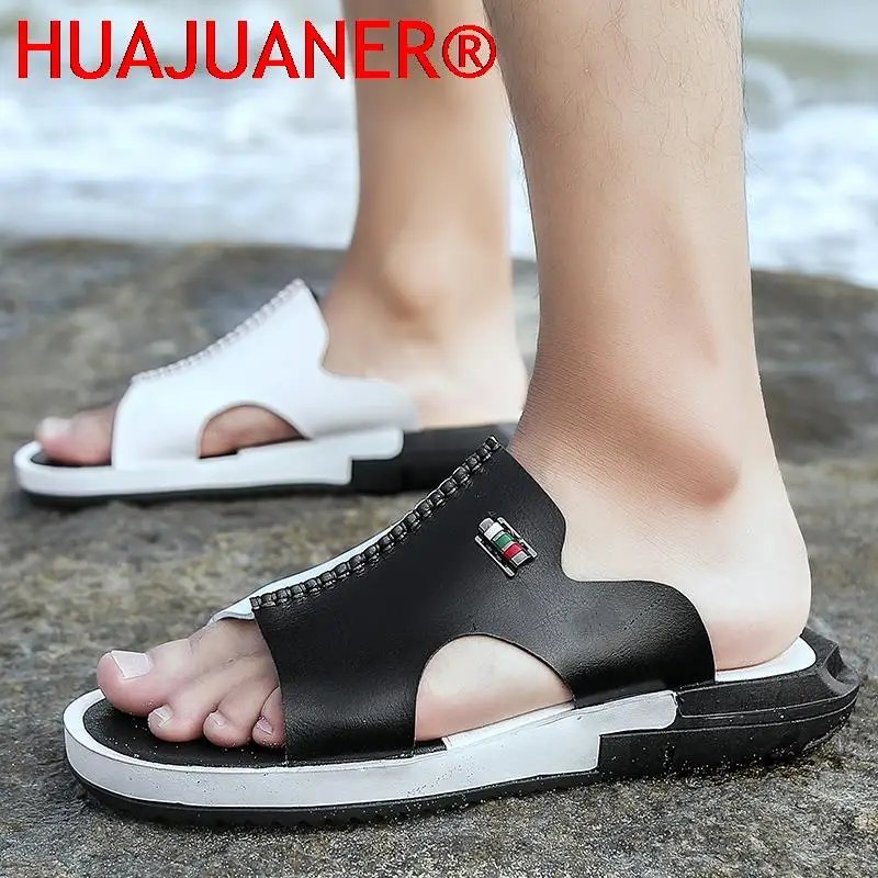 HUAJUANER Sandals Men Summer Slippers Fashion Peep Toe PU Flip Flops Shoes Male Outdoor Non-slip Flat Beach Slides Big Size