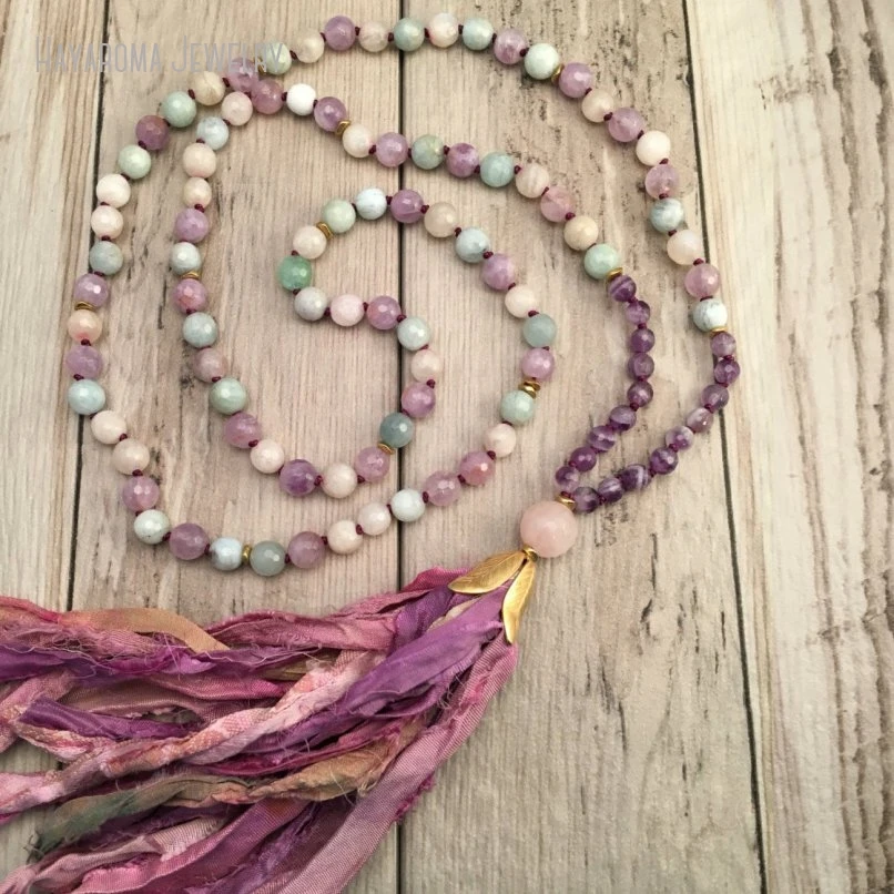 10Pcs Aquamarines Amethysts Moonstone Mala Necklace Sari Silk Tassel Yoga Chakra Meditation Tibetan 108 JapaMala Jewelry