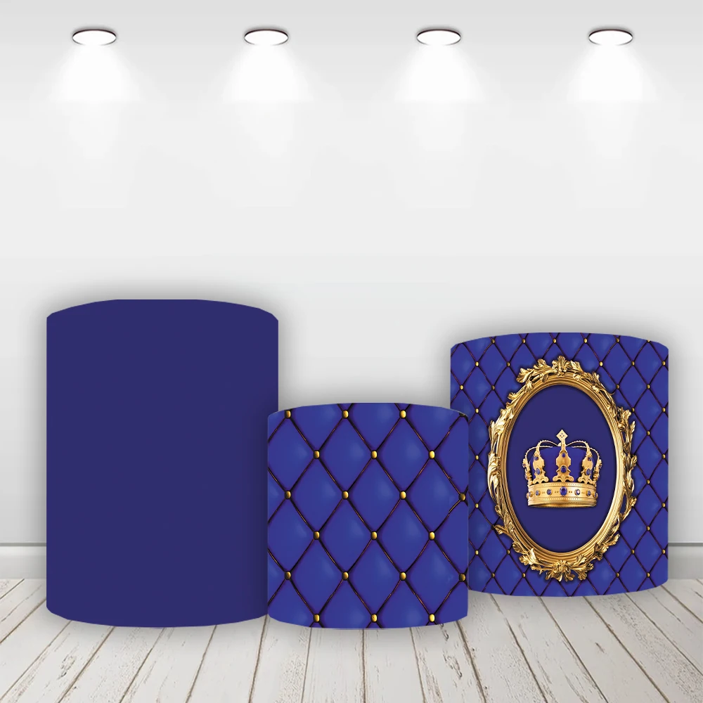 Mehofond Custom Cylinder Cover Backdrop Circus Royal Blue Crown Birthday Baby Shower Plinths Pedestal Background Decor Elastic