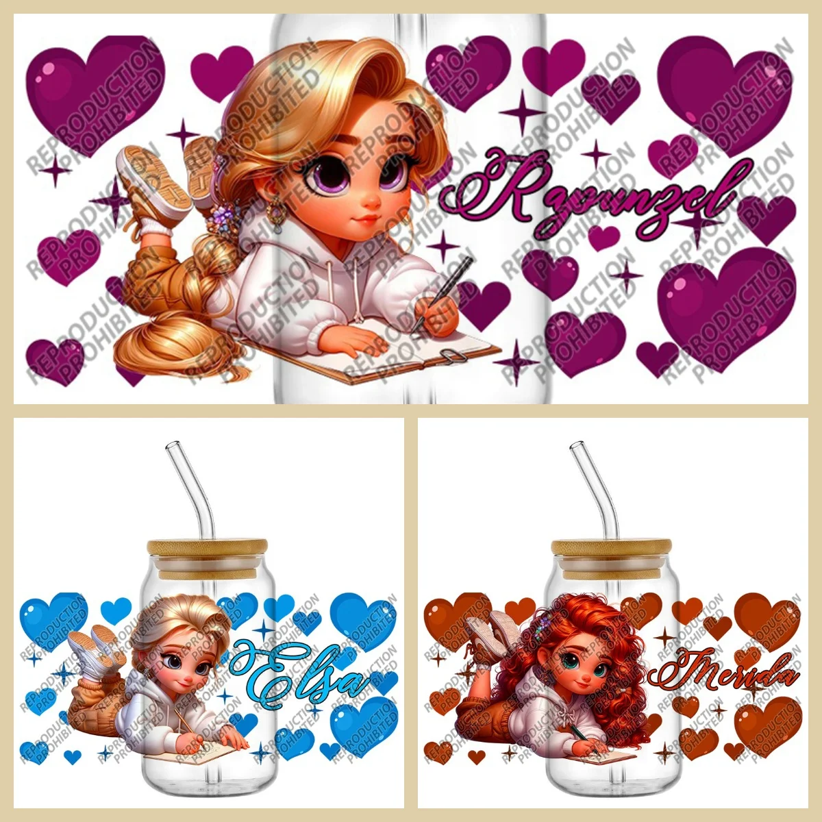 

Новая милая школьная принцесса 3D наклейка УФ DTF чашка обертывает для 16 унций водонепроницаемая переводная наклейка очки DIY кружка телефон мультяшная наклейка