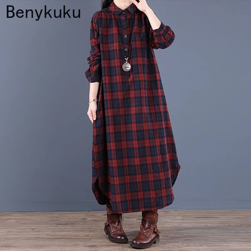 Femmes mode Plaid à carreaux bouton à manches longues Robe Midi chemise Maxi robes 2026 automne caftan Robe Femme décontracté Robe ample
