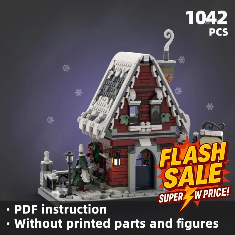 Warm little house scene building blocks with a winter Christmas atmosphere create a romantic texture of the winter snow scene