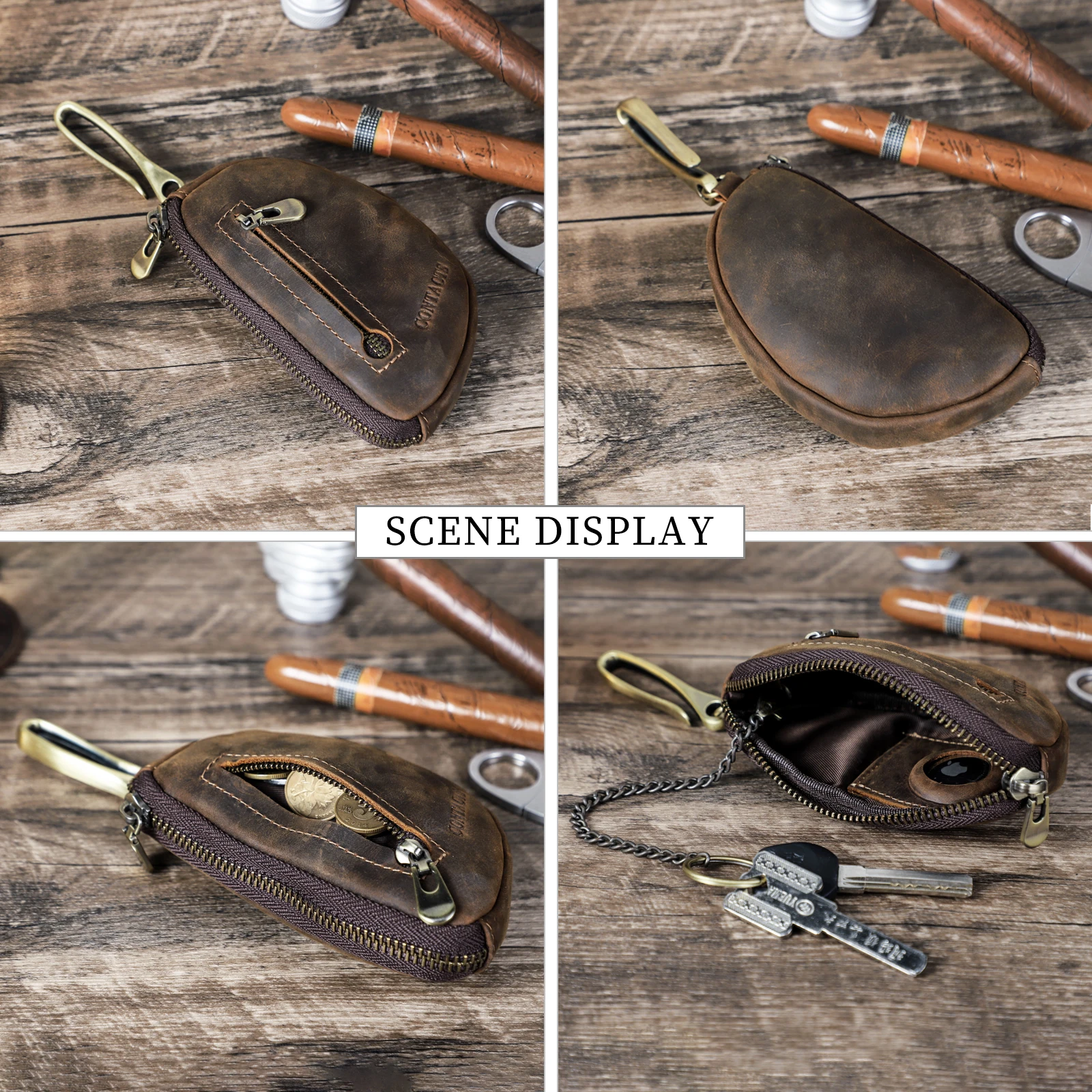 Retro Genuine Leather Key Wallet with Anti-lost Airtag Case Men Key Holder Zipper Keys Case Male Man Housekeeper Keys Organizer