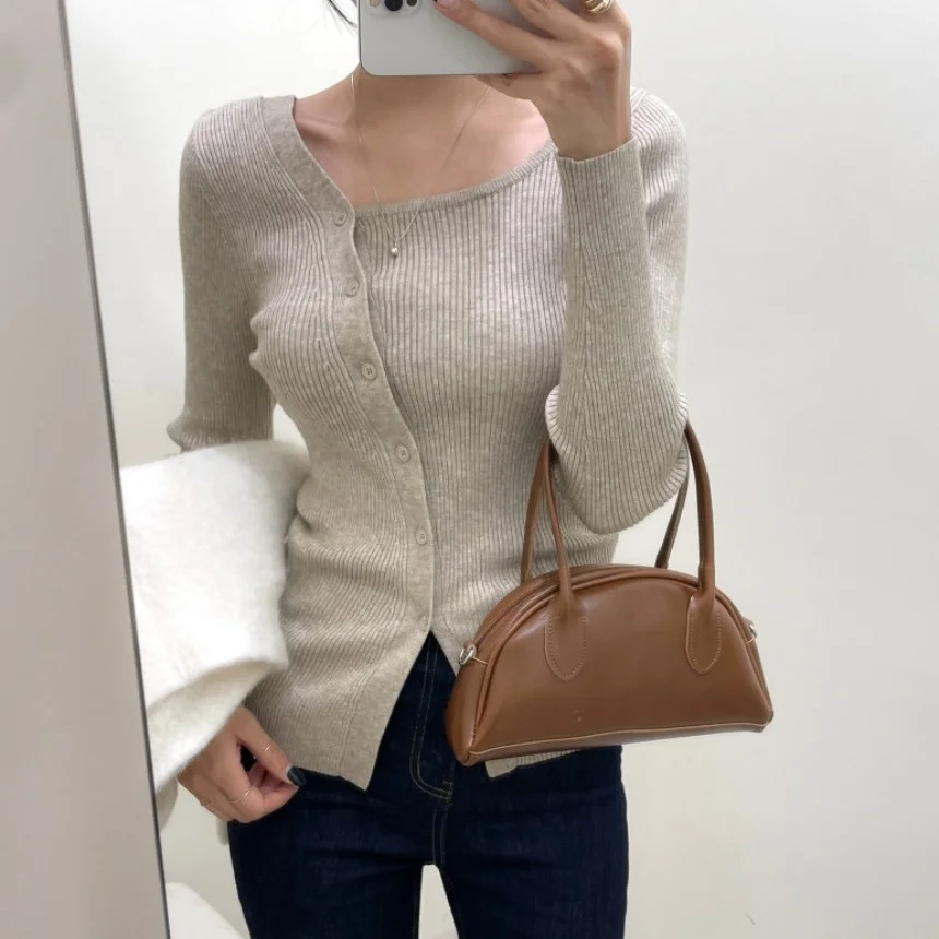 Elegante Otoño Invierno Slim Fit largo Sve suéter de punto mujer Faion Square Ne diseño oblicuo coreano Sle ropa Casual