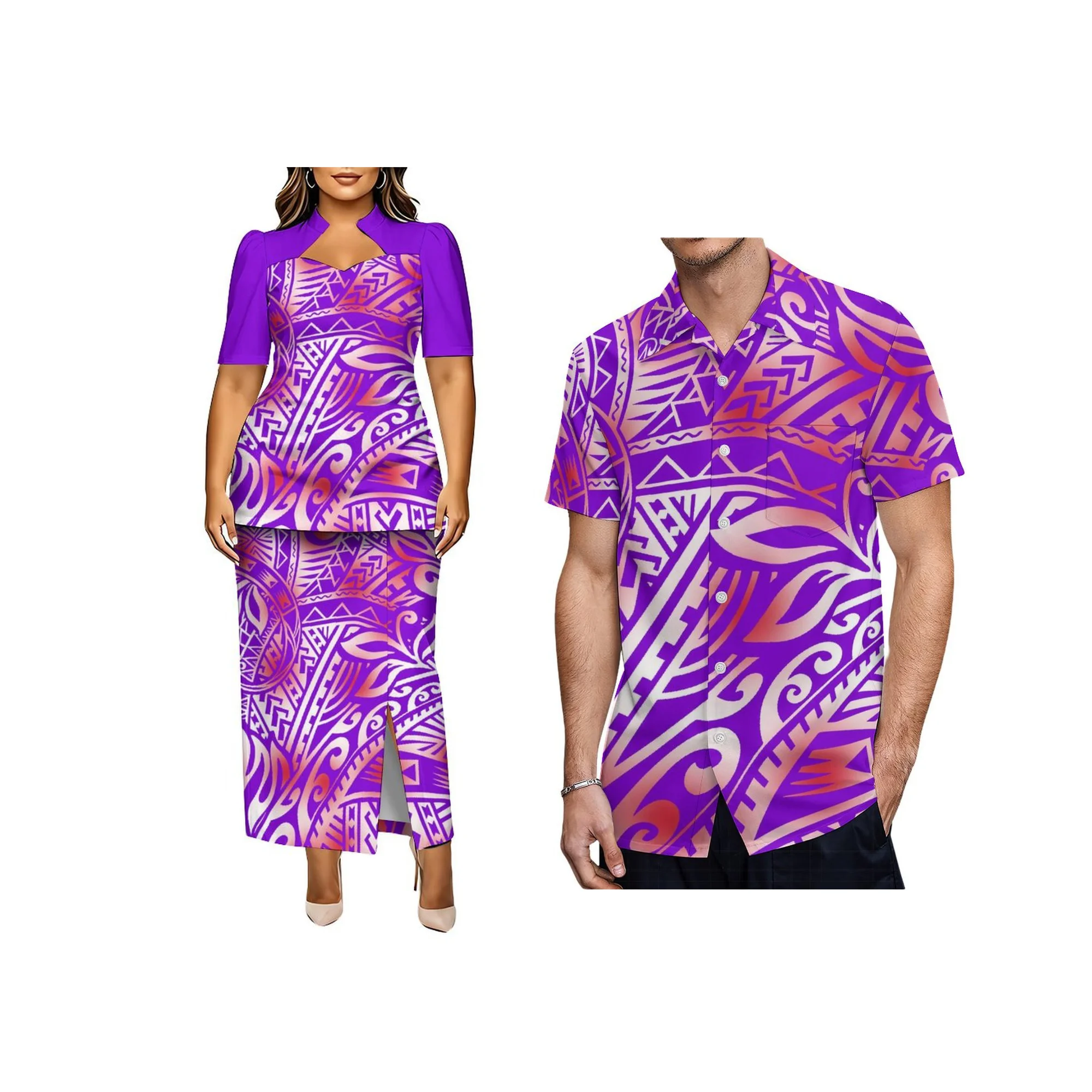 Polynesian Print Women Plus Size Stand Collar Puff Sleeve 2 Piece Puletasi Set Top and Split Long Skirt