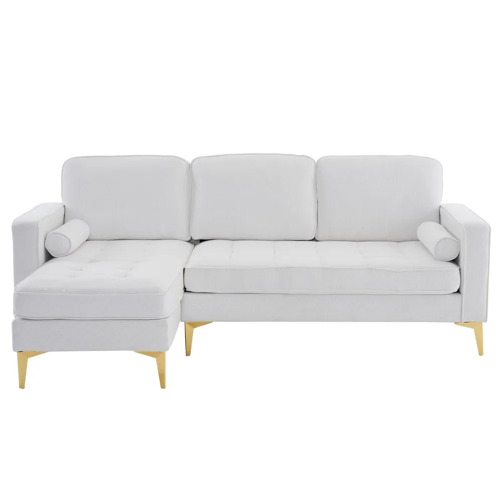 

218*141*87cm, Diamond Electroplated Gold Trident Legs Three Seats With Footstool Indoor Modular Sofa Beige, Living Room Sofas