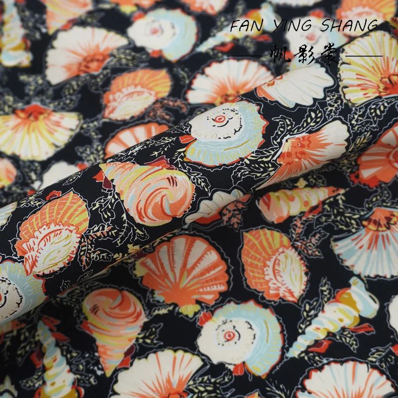 Vintage Shell Conch Floral Print Poplin Cotton Fabric Black Base Peach Mint Ocean Style Cotton Fabric For Dress Shirt Sewing DIY