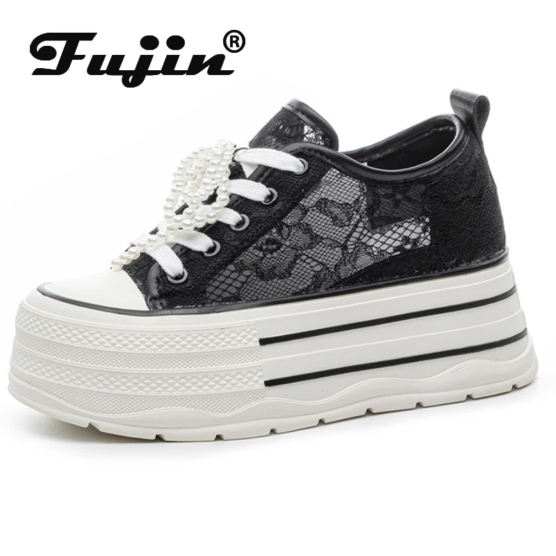 

Fujin 8cm Air Mesh Micrifiber Synthetic Leather Breathable Platform Wedge Women Vulcanize Hollow Summer Chunky Sneakers Shoes
