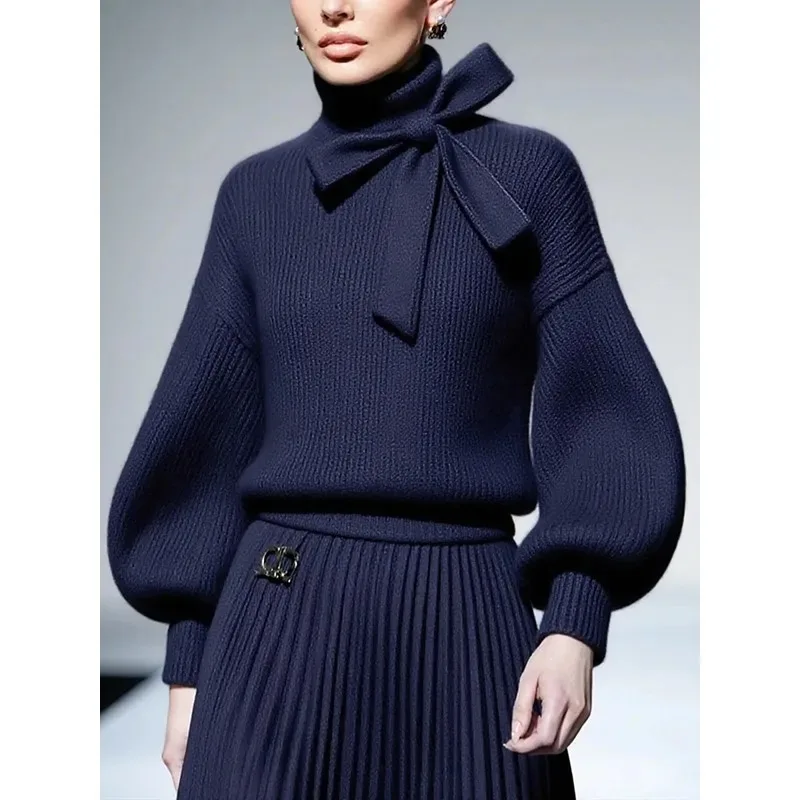 

Темно-синяя женская одежда, свитер с рукавами-фонариками, осень-зима 2022, водолазка с шикарным бантом, теплый трикотаж, пуловеры 189324