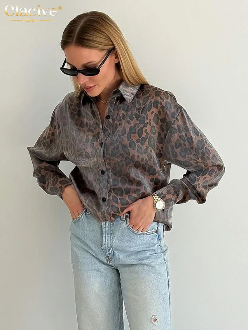 Clacive Fashion Loose Print Trousers Sets For Women 2 Pieces Elegant Long Sleeve Shirt With High Waist Wide Pants Set Streetwear