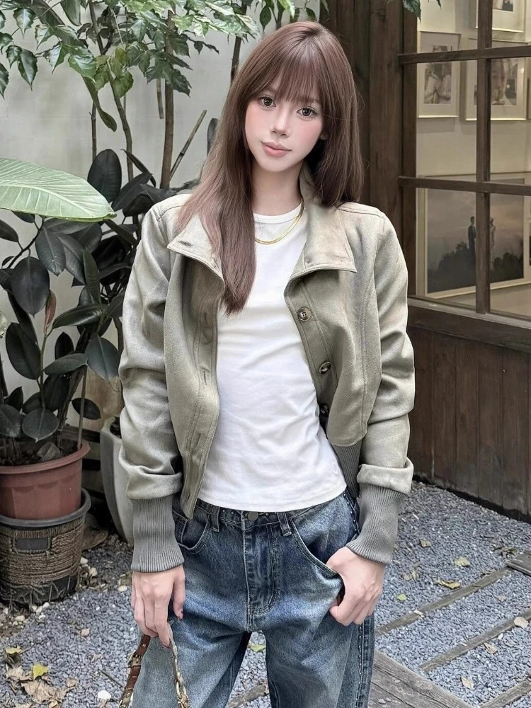 الأمريكية خمر شارع العليا أبلى عارضة طويلة الأكمام ضئيلة زر لون نقي مخطط الأزياء عالية الرقبة معطف امرأة 2025 الخريف