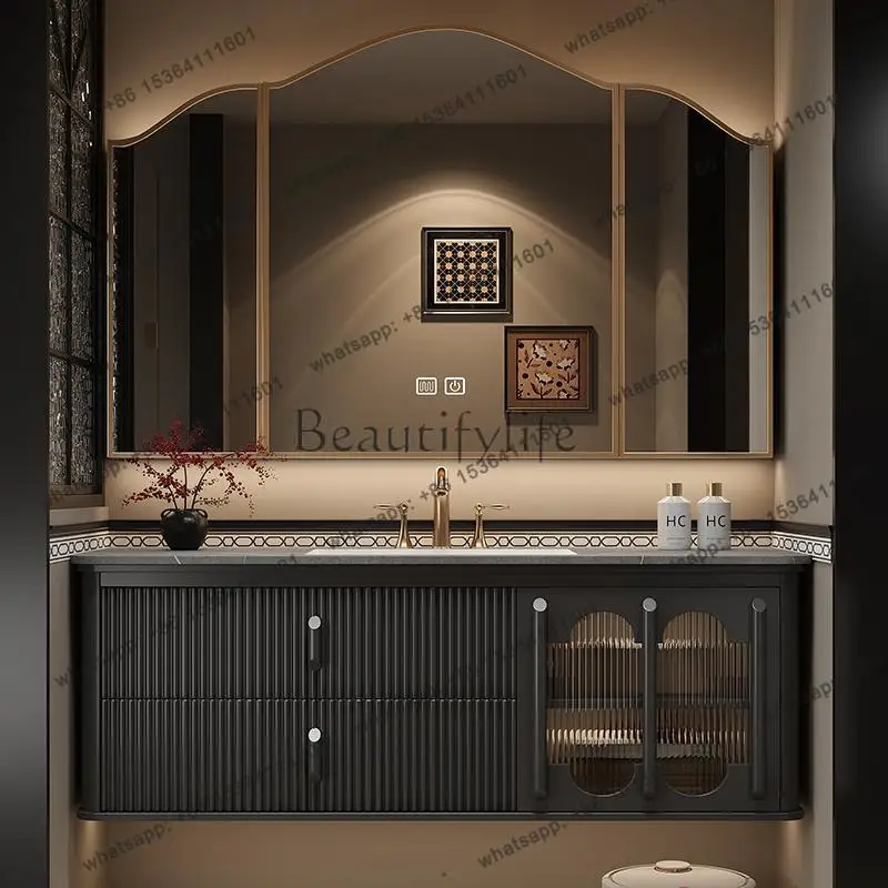 

Туалетный столик для ванной комнаты с раковиной, настенное крепление, эстетический французский стиль, ретро дуб, комбинация смыслового умывальника для ванной комнаты