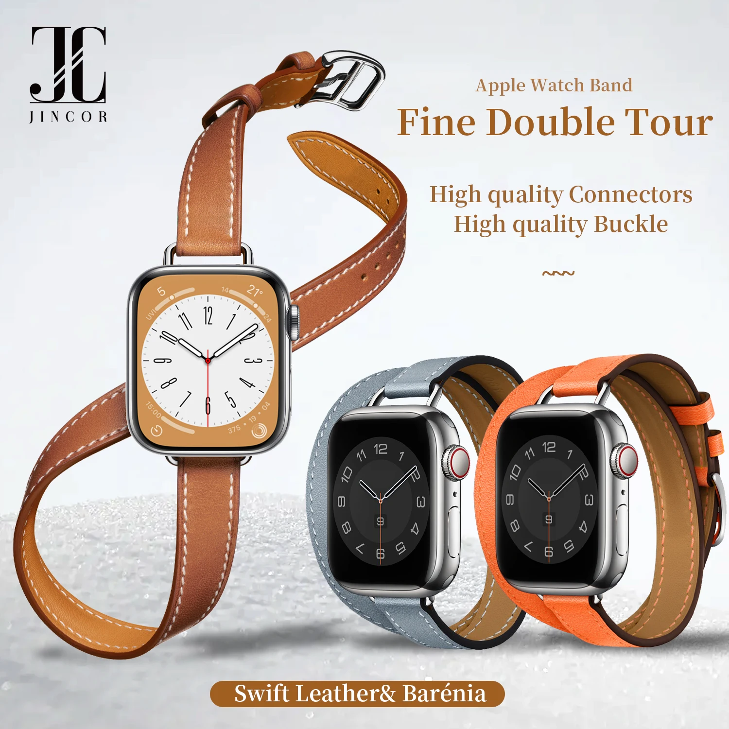 

JINCOR Women Strap For Apple Watch Ultra 2 Double Tour Bezel Leather Band Series 10 9 8 7 SE Buckle Iwatch 40MM 44MM 49MM Luxury