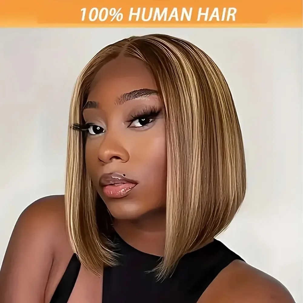 ハイライトボブウィッグ人毛ストレート 13 × 4 透明レースフロントウィッグ人毛 4/27 女性のためのかつら