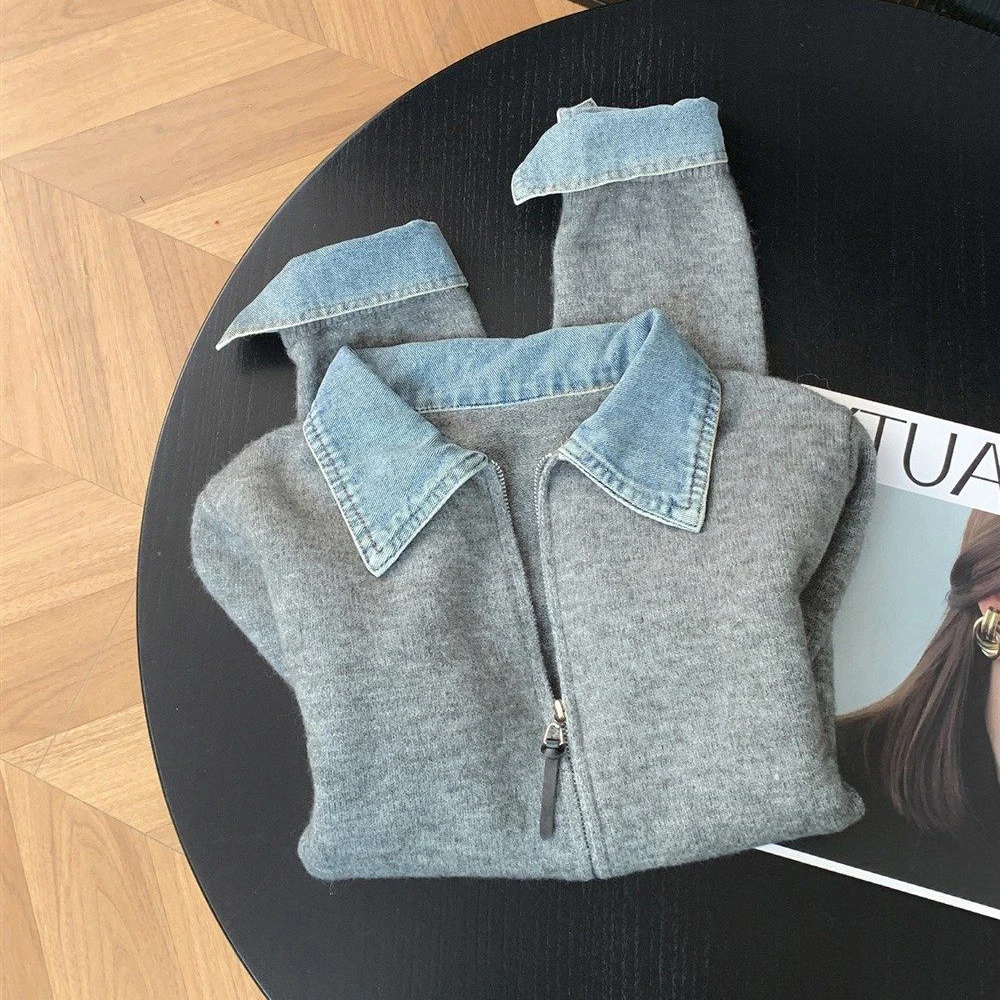 

Женский вязаный кардиган с джинсовым воротником, на молнии, весна-осень, универсальный, в корейском стиле, с контрастными цветами, новый дизайн