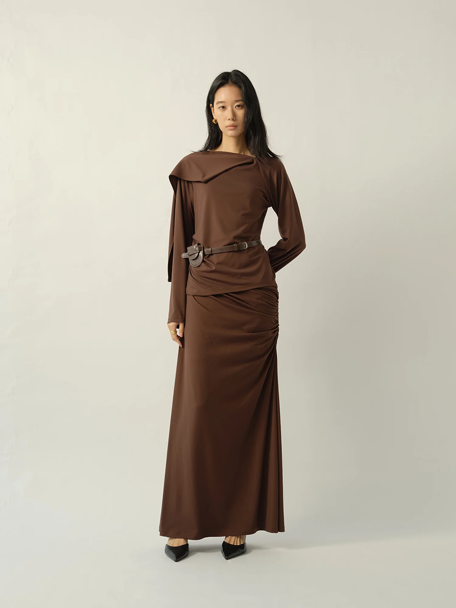 

TENSPHER Original Design Luxury Feel Pleated Coffee Color f Skirt Set Women Spring Two Piece Set Ele Simple Sle