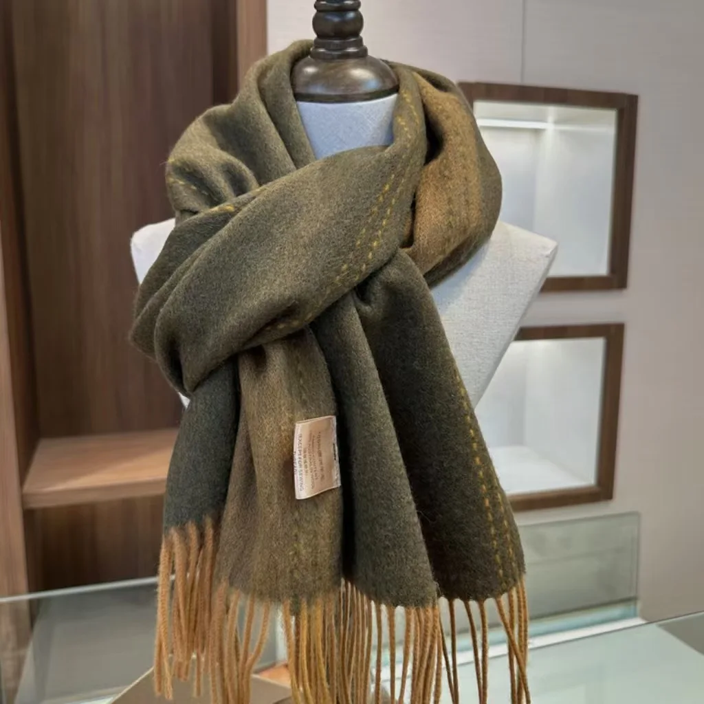 Damen 100% Wollschal, doppelseitig, Farbblock, dick, warm, mit Fransen, für Herbst und Winter, weicher Pashmina-Wickelschal für Reisen – Detail 8