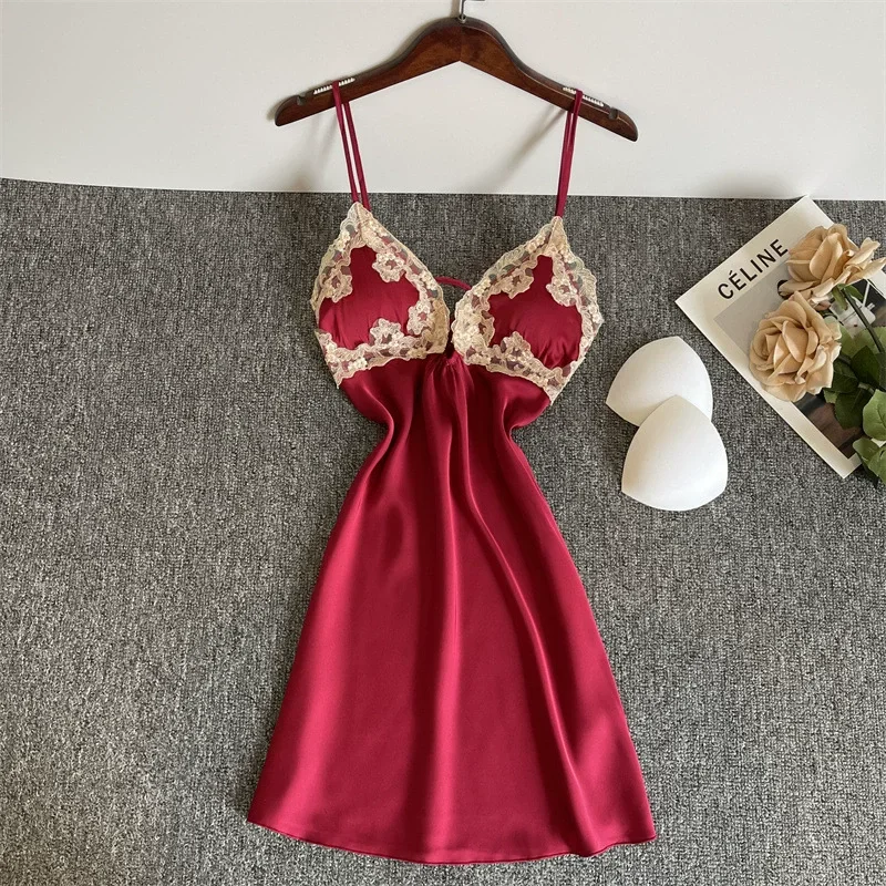 

Красная ночная рубашка из ледяного шелка, летняя женская сорочка, одежда для сна на тонких бретельках, ночная рубашка, интимное белье, сексуальный домашний халат