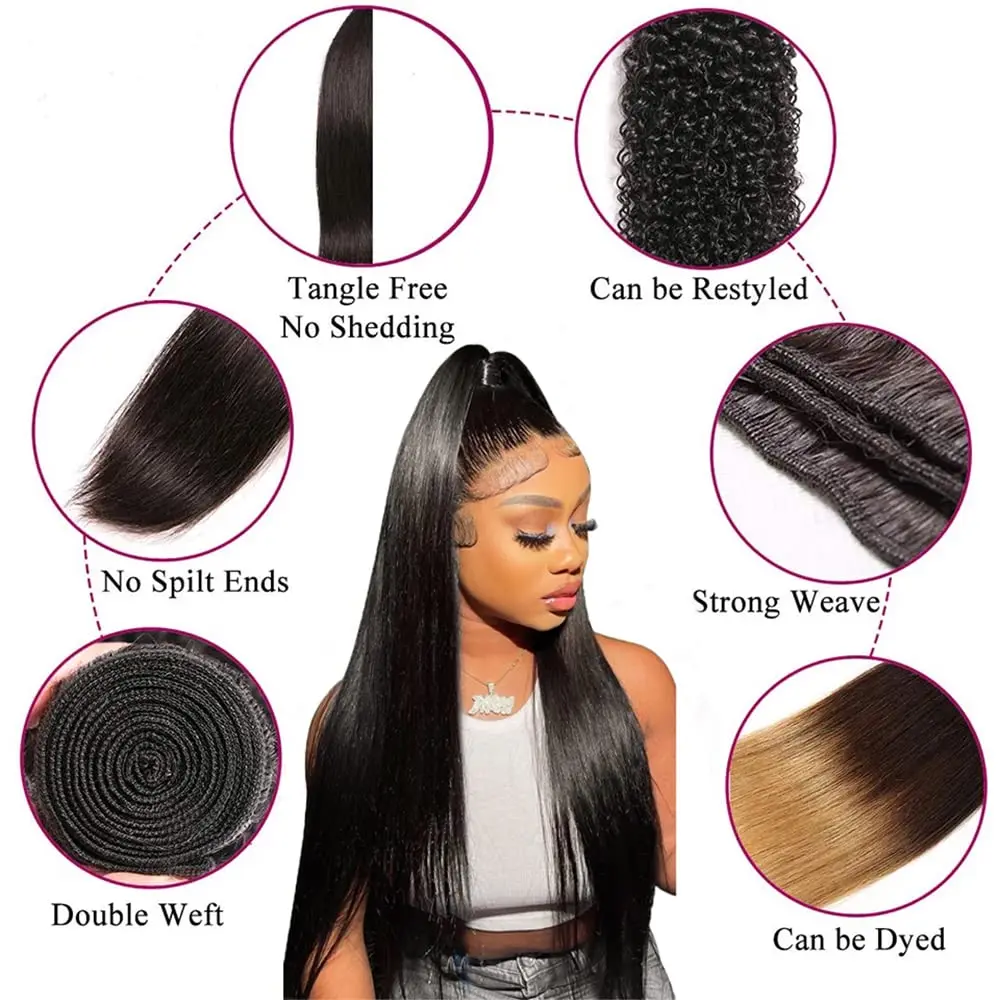 Gerade Echthaar-Bündel, Unbehandelte Jungfrauenhaar-Extensions, Lange Dicke Günstige Brasilianische Haarverlängerungen, Natürliches Tissage Cheveux Humains – Detail 3