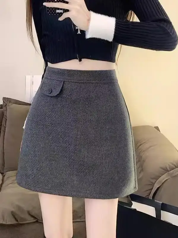 

Шерстяная юбка с высокой талией, облегающая, А-силуэт, с запахом, для весны и осени, больших размеров, черная, короткая, для повседневной носки