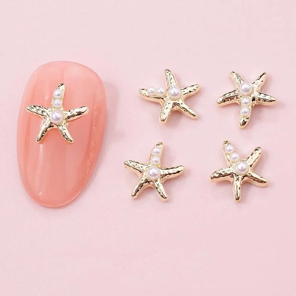 10Pcs Ocean Star Shell Nail Art Charms 3D Alloy Gold Silver Starfish Inlaid Diamond Pearl Nail Decoration Summer DIY Nail Parts