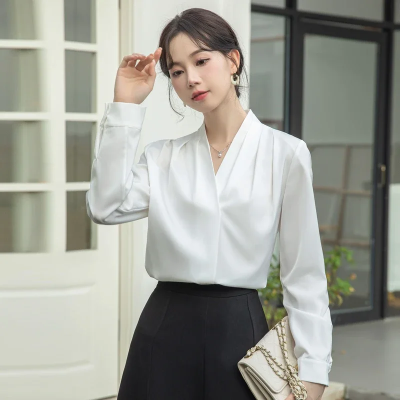 Fashion New Autumn White Long Sleeve V-Neck Women Blouse Casual Chiffon Blouse Shirt Women Tops Blusas Mujer De Moda 2024 A832