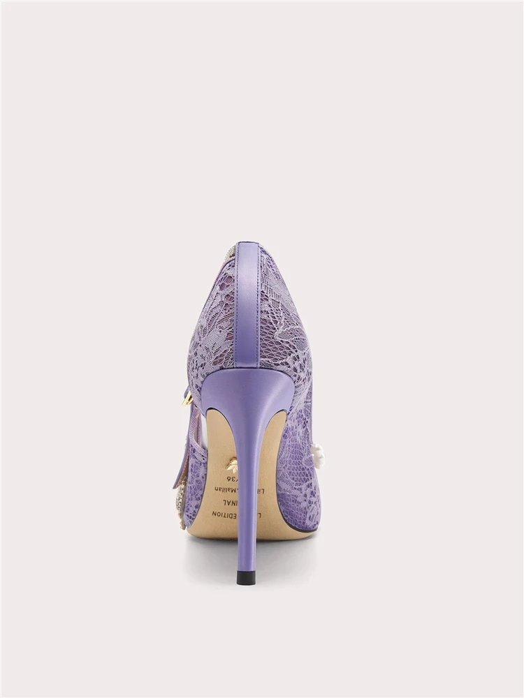Spring and summer pointed shallow lace mesh crystal butterfly pearl sandals banquet large size small size high-heeled women shoe