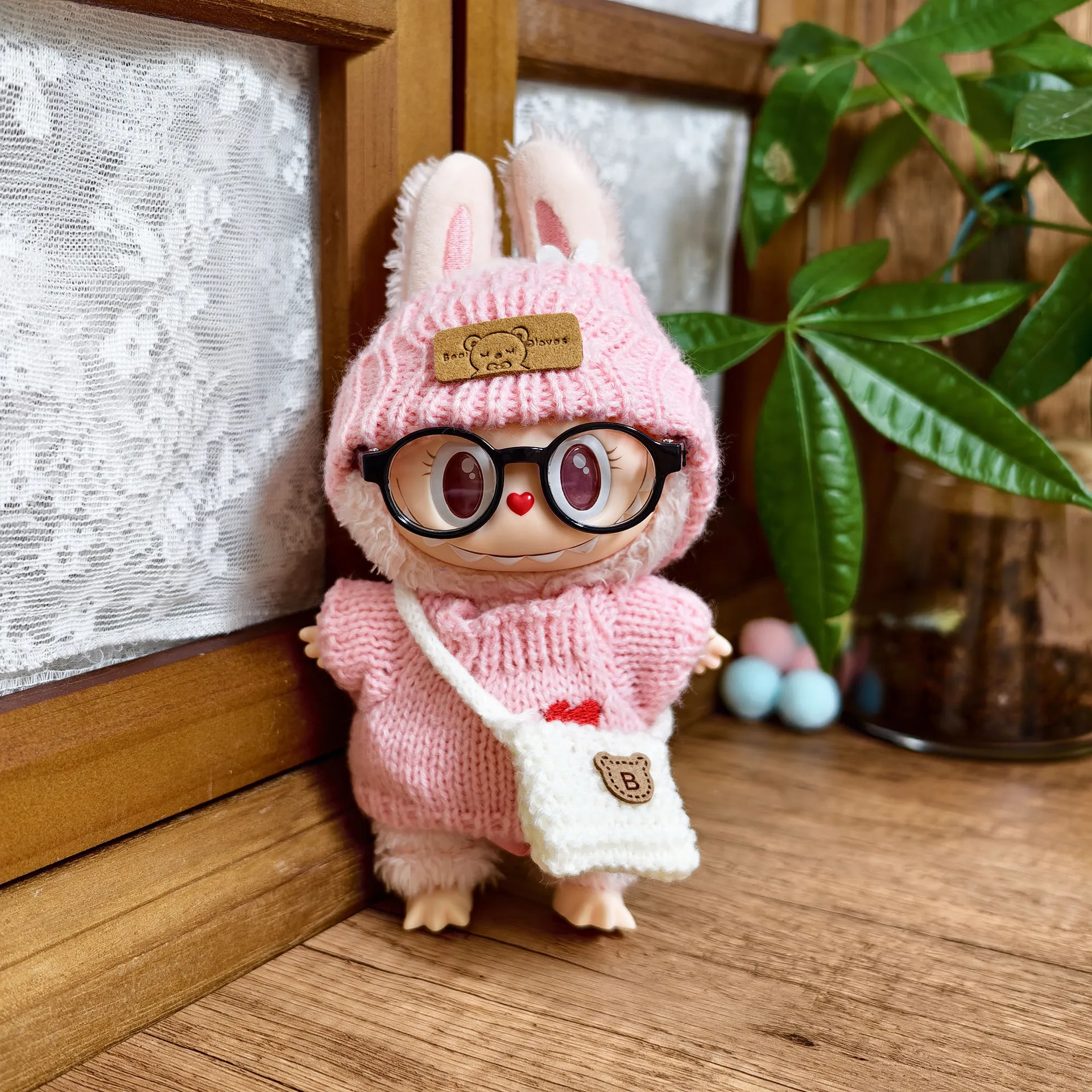 

Changeable Doll Outfit For 1st-3rd Gen LABUBU 15/17cm Sitting Pose Cute Party Sweater With Bear Logo Heart Matching Glasses Bag