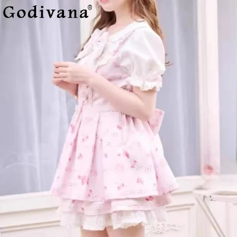 

Модный комплект: платье и юбка с принтом и бантом, большие размеры, весна-лето, японский стиль, с эффектом омоложения, с завышенной талией, А-силуэт, короткий рукав