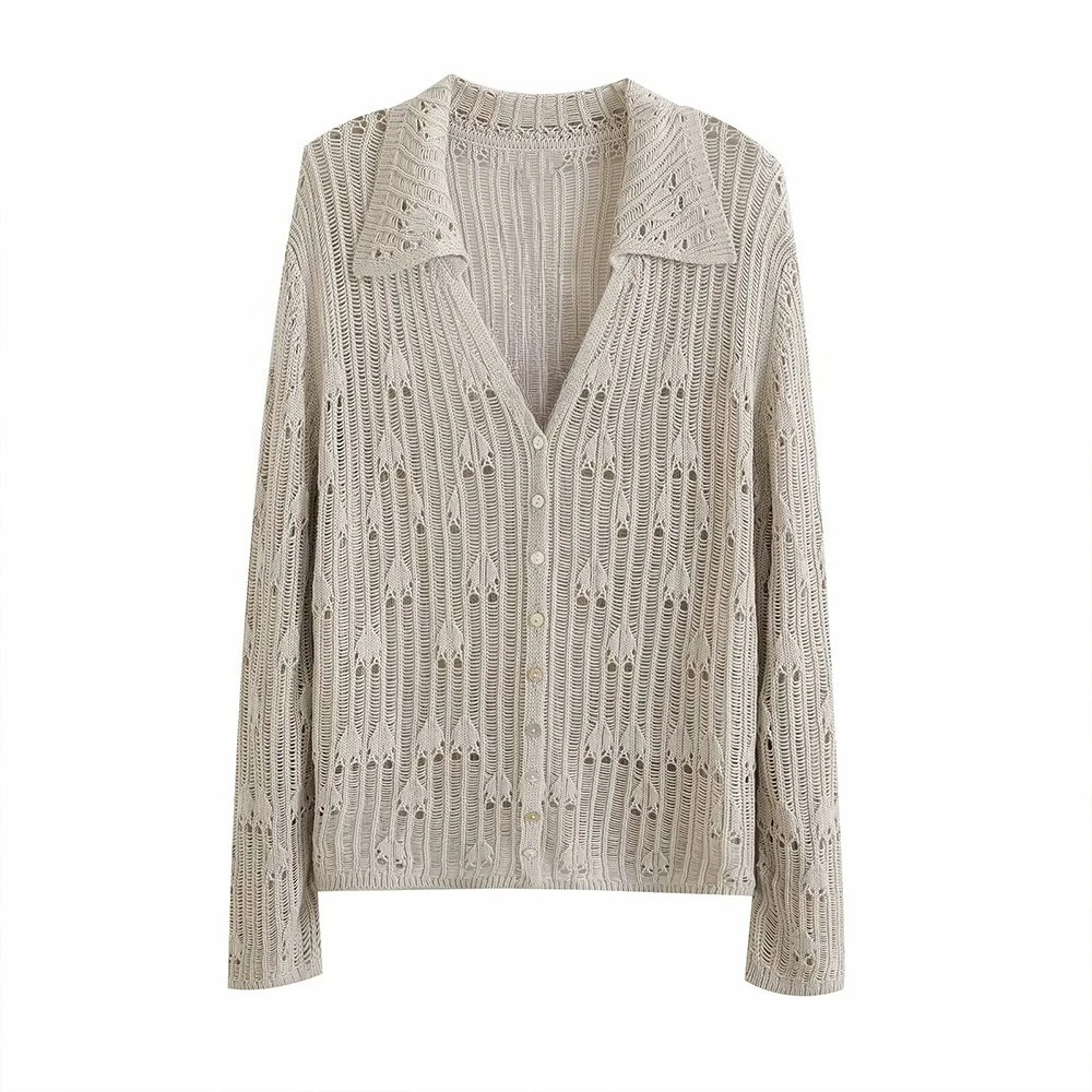 

Woman's Slim Knitted Cardigan Hollow Lapel Single-breasted Long-sleeved Solid Color Sweater Early Autumn Female Chic Top