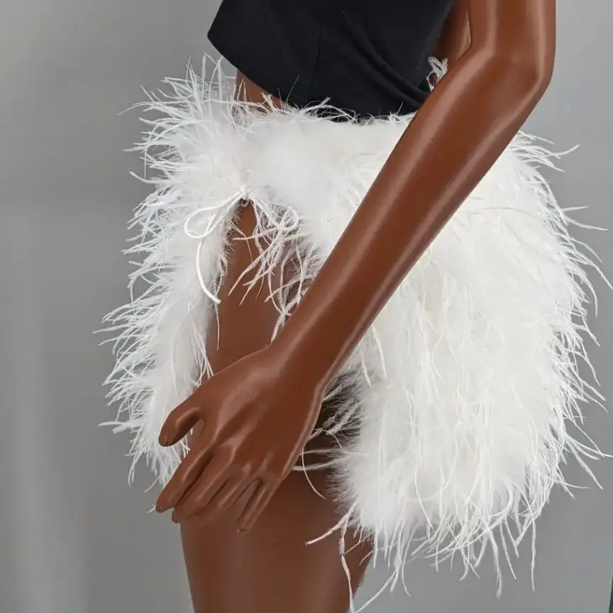 Side Split Women Mini Skirt With Bandage real ostrich feather skirt Y2K Evening Party wear sex dropped skirt 250625