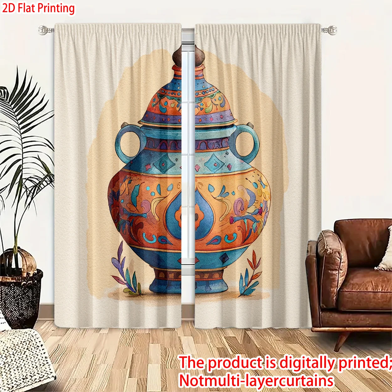 Bohemian Vase Print Curtains Drapes Boho Moroccan Style Window Curtains Digital Art Decorative Mediterranean Pattern Living