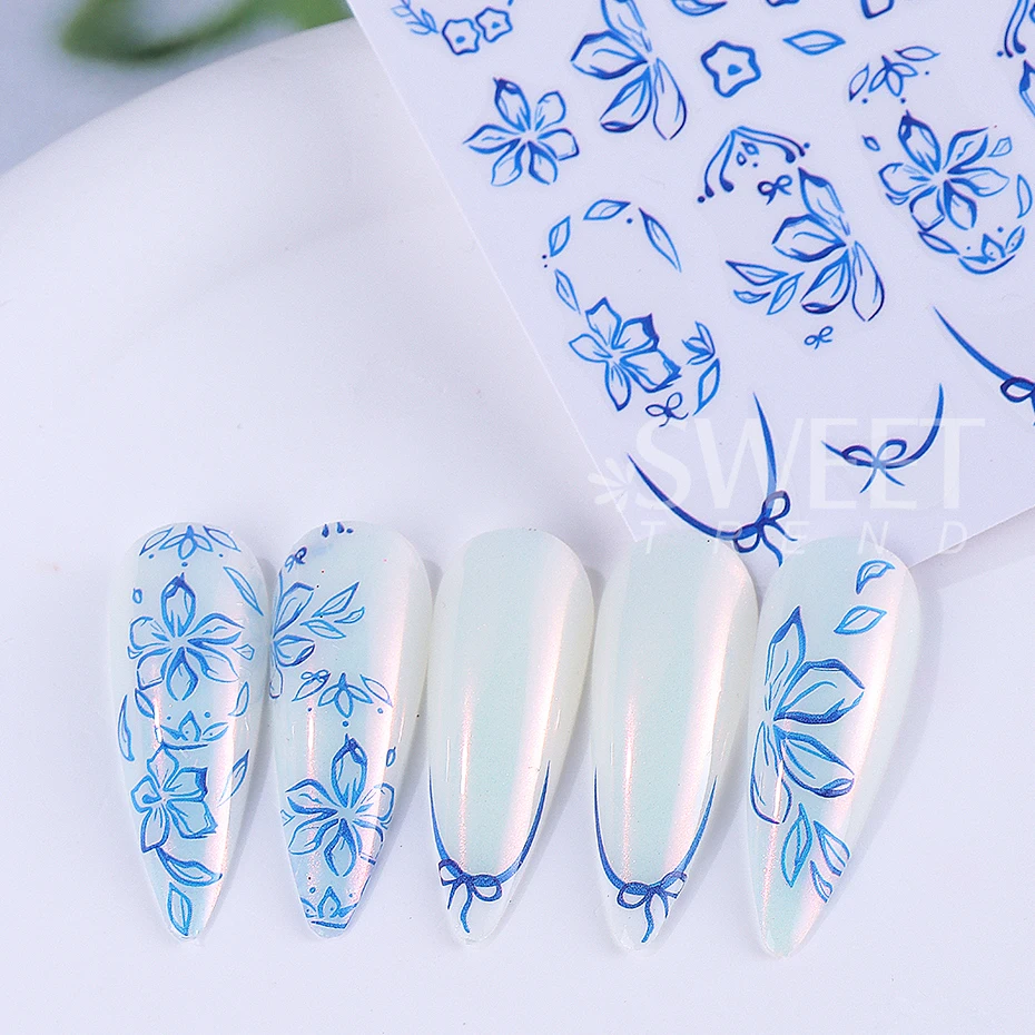 Autocollants pour ongles à fleurs bleues, 3 pièces, ligne française 3D, nœud floral, animaux de l'océan, étoile de mer, bricolage, décoration de manucure élégante pour printemps et été