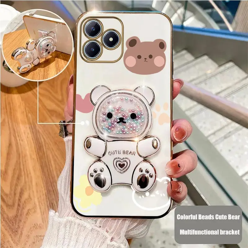 RealmeGT Luxury Cute Bear Phone Holder Case For Oppo Realme GT neo 2 3 5 5S V3 V5 V11 V13 V15 V20 V30 Q3 Q3i Pro X7 Stand Cover