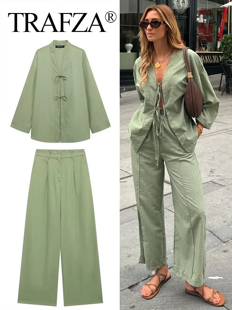 

TRAFZA 2024 Woman Trouser Suits Solid Bow Lace Up Long Sleeves V Neck Shirt Top + Pockets Wild Loose Women's Wide Leg Long Pant