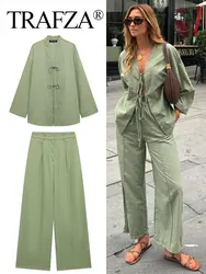 TRAFZA 2024 Woman Trouser Suits Solid Bow Lace Up Long Sleeves V Neck Shirt Top + Pockets Wild Loose Women's Wide Leg Long Pant