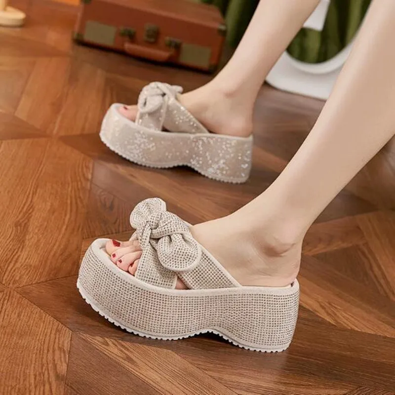 

8cm New 2026 Synthetic Microfiber Leather Women Sandals Flats Chunky Sneakers Hollow Bling Slippers Platform Wedge Flats Shoes