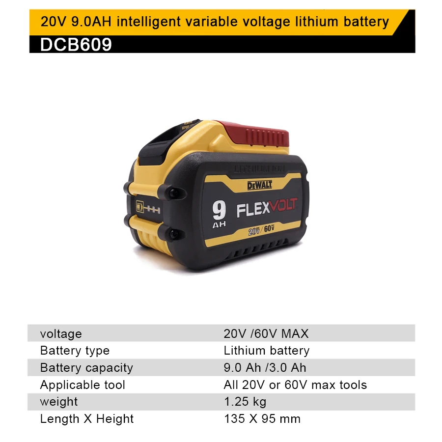 DEWALT DCB609 20V/60V 9.0Ah MAX Lithium-Ion Battery Pack Original for Power Tools Compact Rechargeable Battery